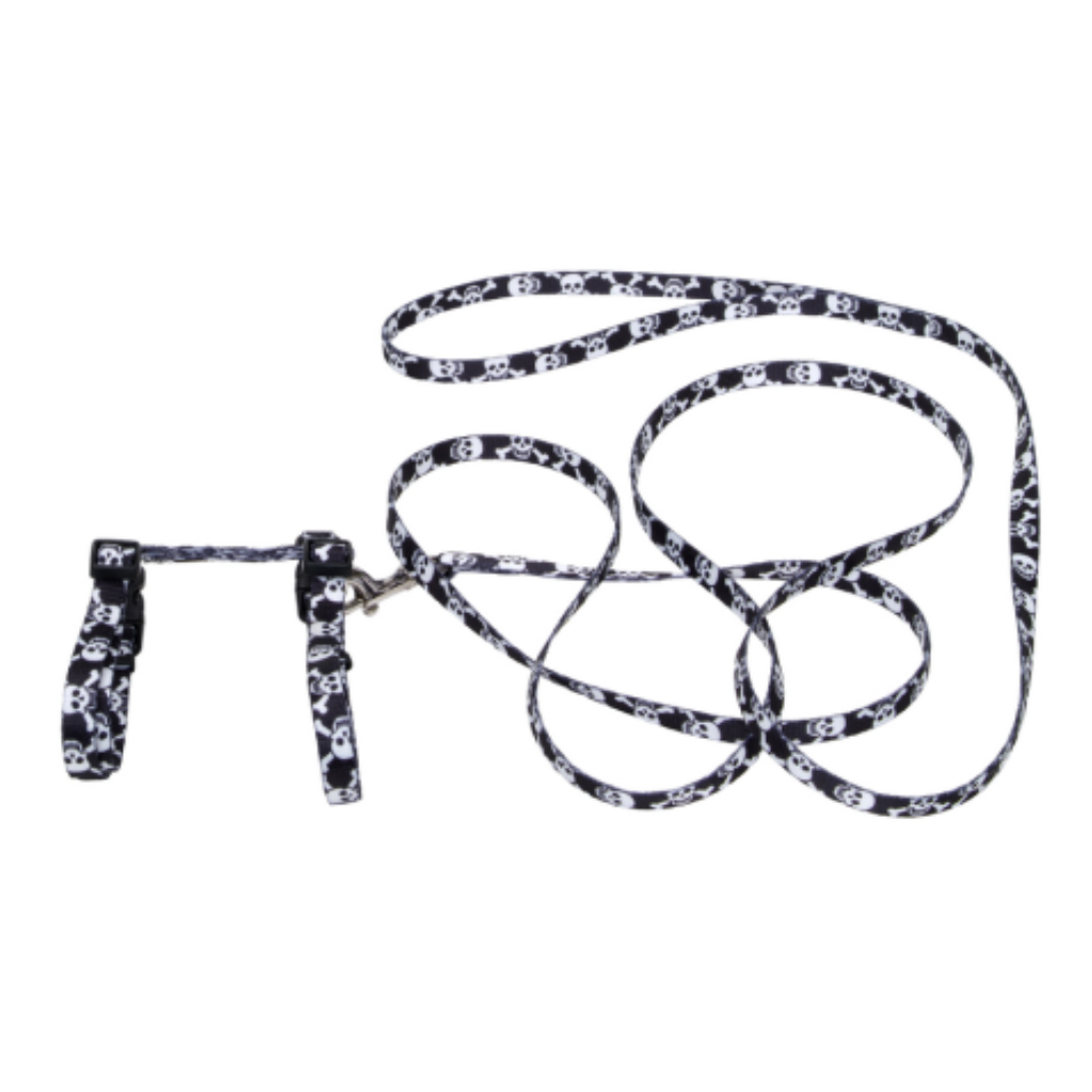 Figure H Fashion Cat Adj Harness & Leash Black Skulls