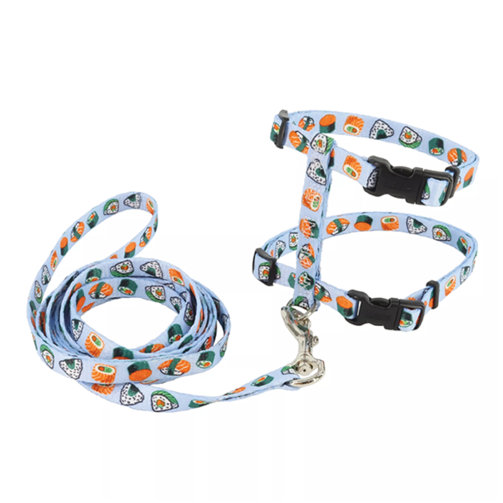 Figure H Fashion Cat Adj Harness & Leash Blue Sushi