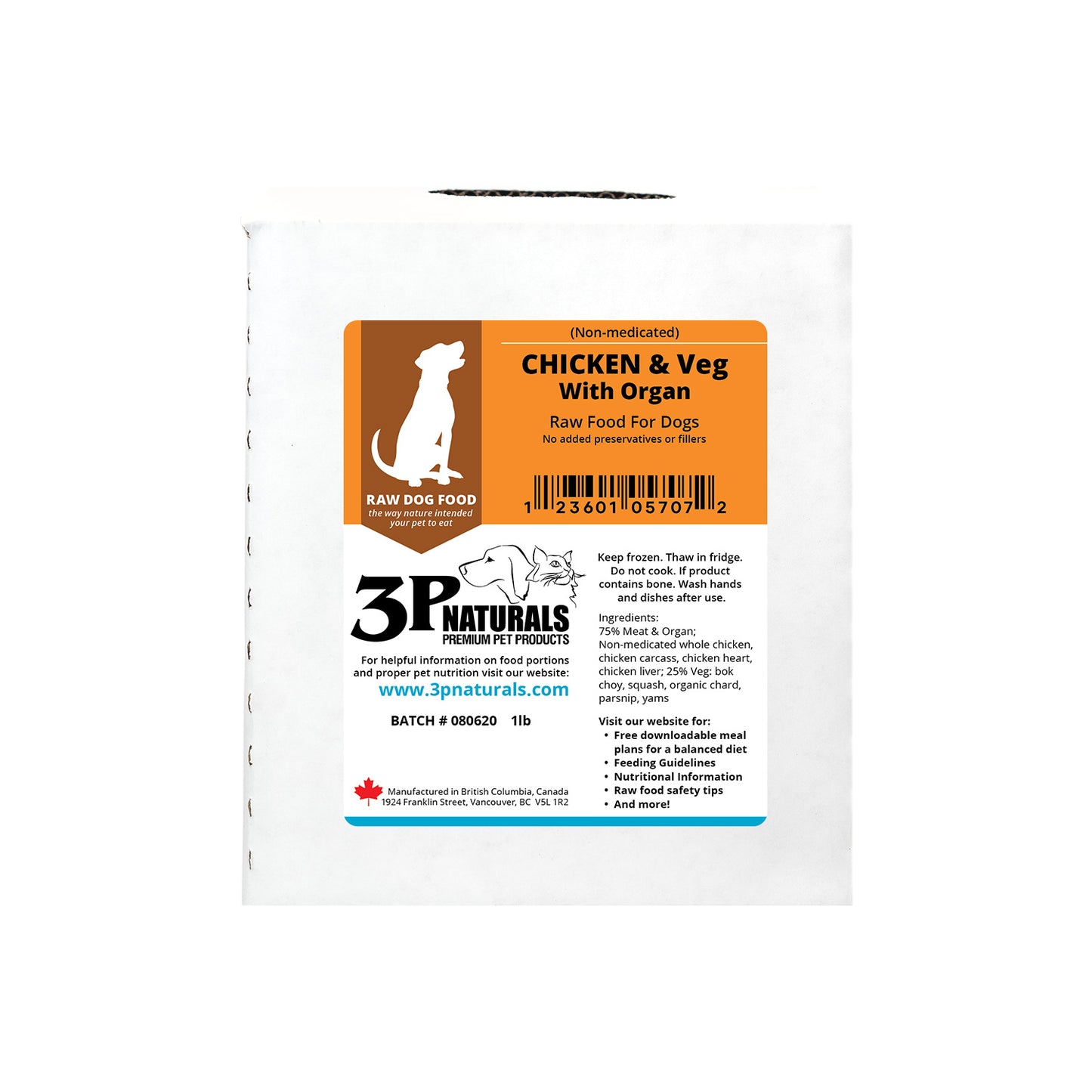 3P naturals - Non-Medicated Chicken with bones with organs with vegetables for Dogs