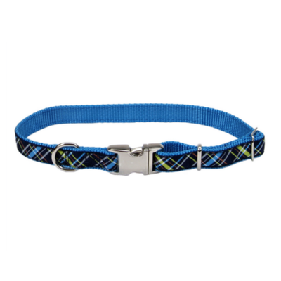 Pet Attire Ribbon  Collar w Buckle Navy Plaid