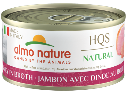 ALMO NATURE, ITALY HQS NATURAL CAT Ham with Turkey in broth 24 X 70 gram cans
