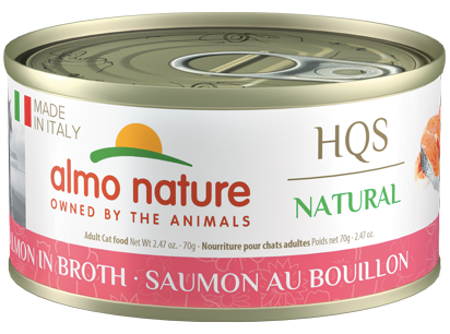 ALMO NATURE, ITALY HQS NATURAL CAT Salmon in broth 24 X 70 gram cans